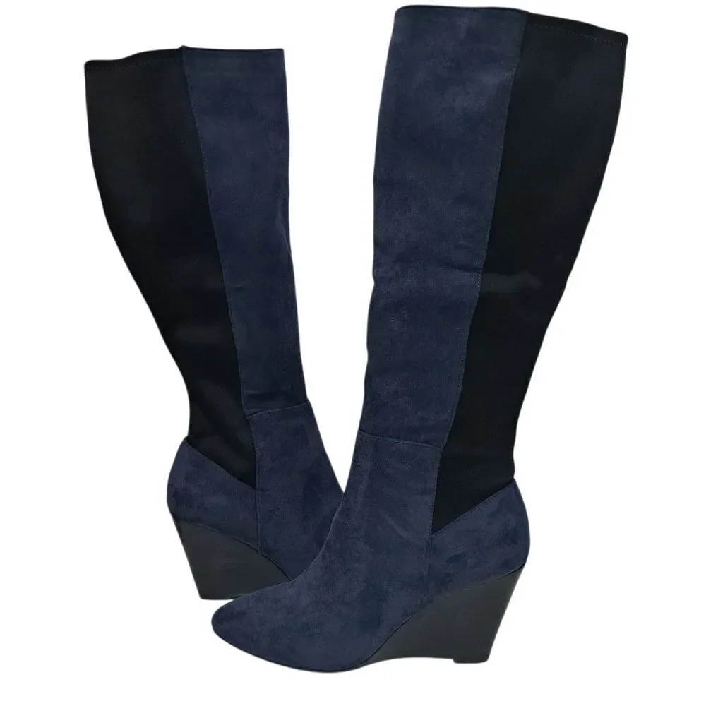 Charles By Charles David Easel Point Toe Knee High Suede Wedge Boots Sz 6.5 Blue